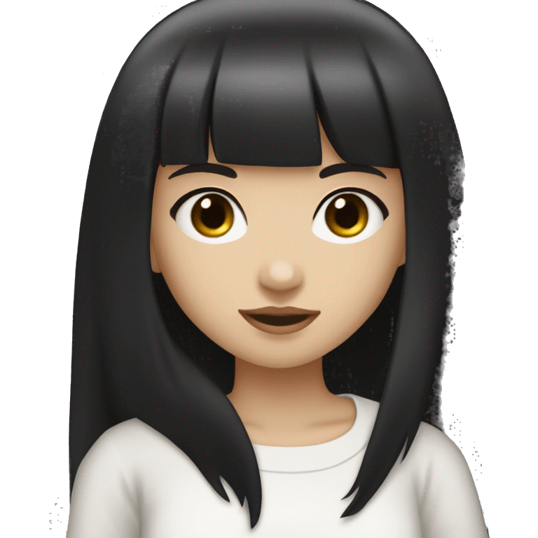 light-skinned girl, 1girl, dark hair, long black hair, bangs, black eyes, blunt  black bangs, white shirt, hime cut, cute emoji