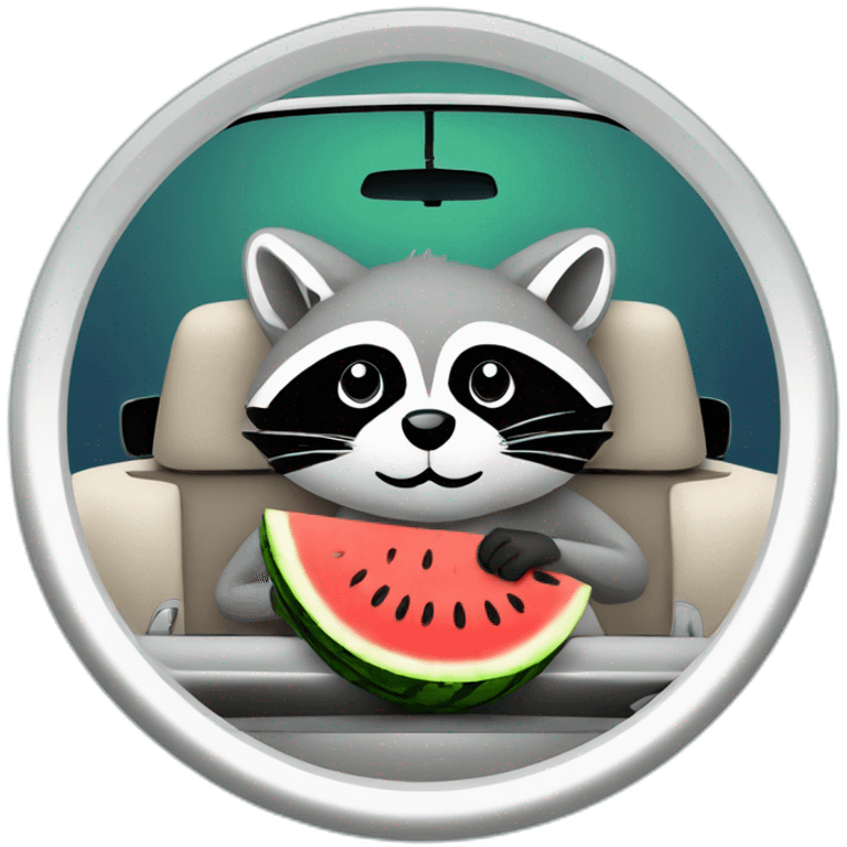 A raccoon with a watermelon behind the wheel of a car and a spanner emoji