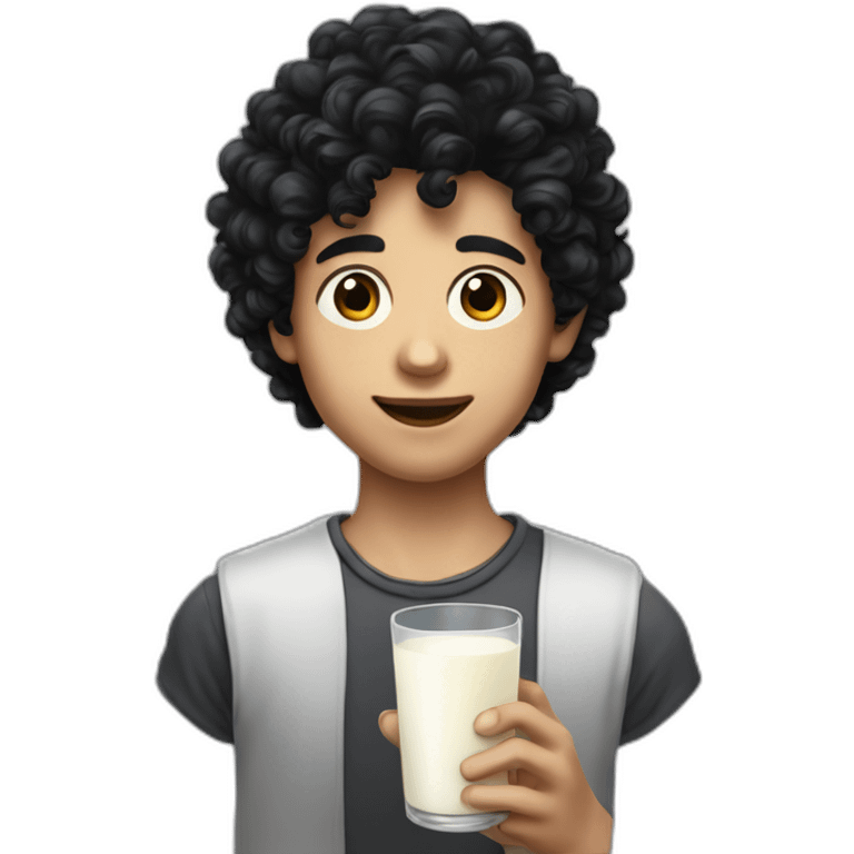 A portrait from the shoulders up of pasty white teenage boy with dark black curly hair holding a wineglass of milk emoji