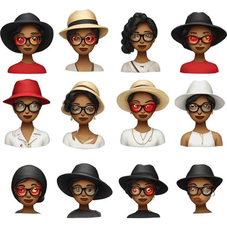 Create six composition drawings of emojis experimenting with a range of styles [fashion woman ], colour [What meaning does the colour used convey e.g. red = angry?] and objects [hats, earrings, glasses etc.] emoji