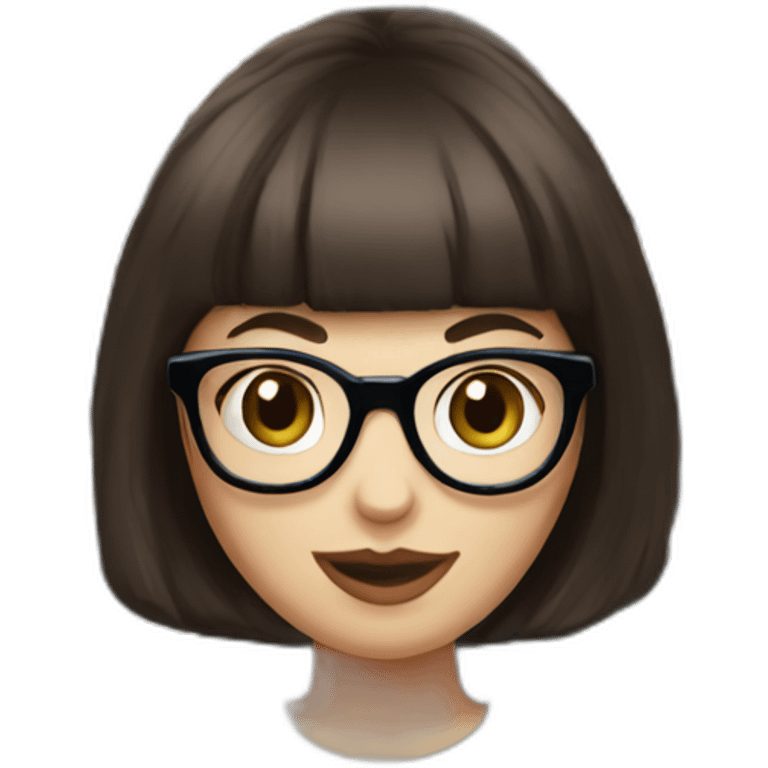 caucasian woman with retro glasses, dark brown hair, a bob haircut, bangs, braces on teeth, blue and white striped t shirt emoji