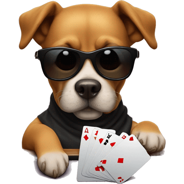 Dog playing poker at poker table, wearing shades, holding 2 cards emoji