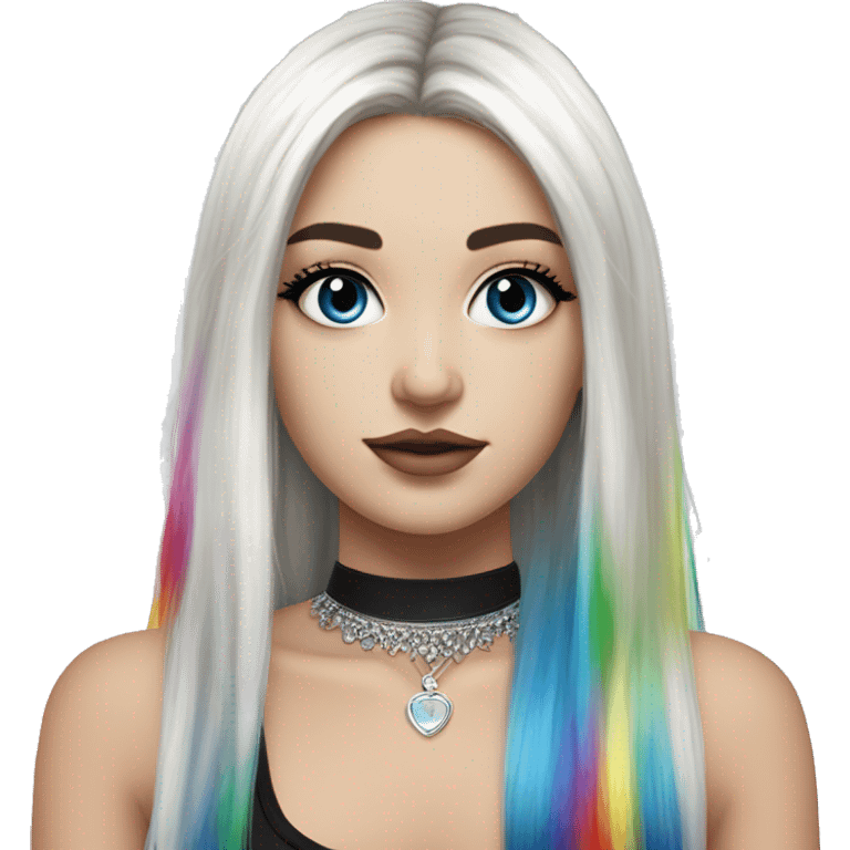 Hyperrealistic white girl with blue eyes and long black hair with rainbow fringe. Wearing cute black & silver choker necklace has dark eye makeup on her eyes emoji