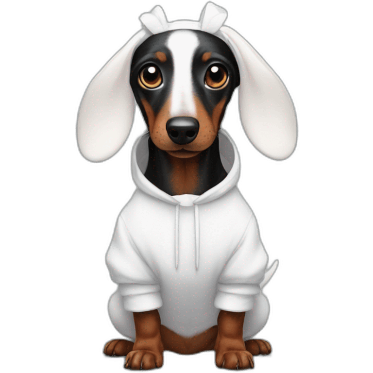 a black dachshund dog in a white bunny costume with ears emoji