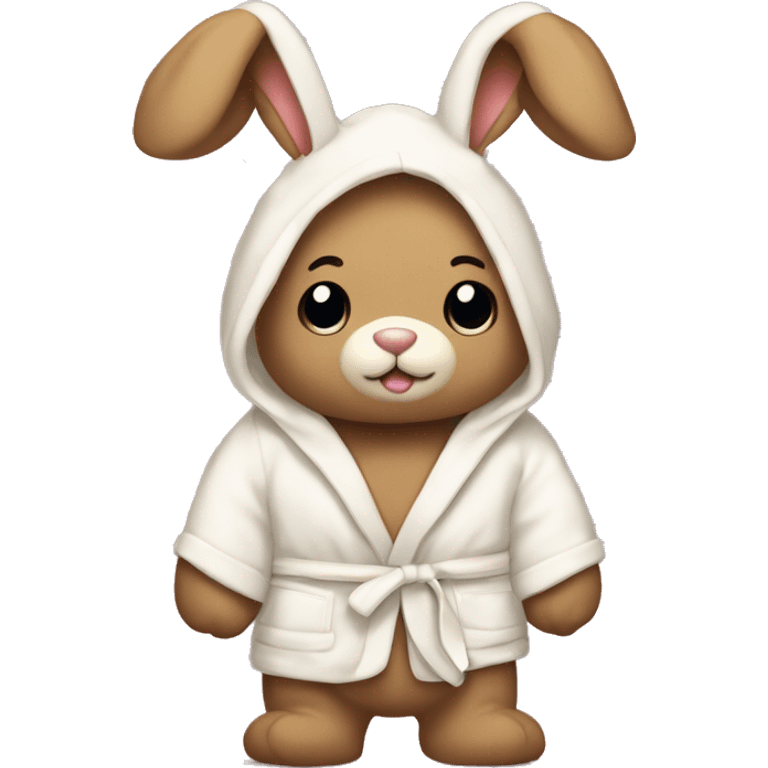 teddy bear that’s wearing a cream bunny dressing gown with the hood up with bunny ears emoji