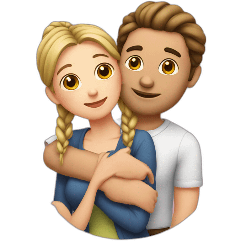 Man loves woman with pigtails, heart between them emoji