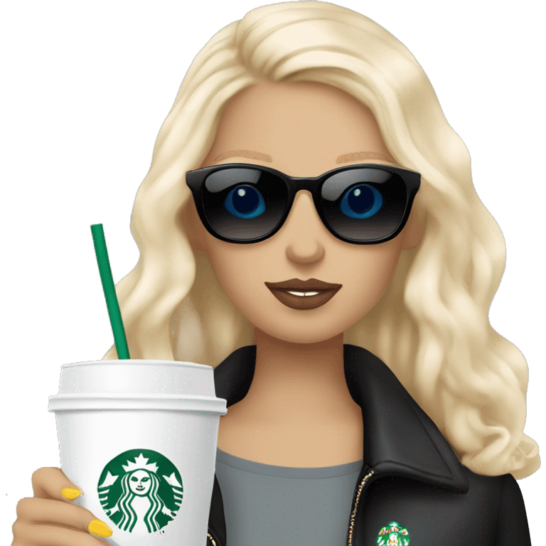 Girl with blonde hair, blue eyes, stockholm style and a zadig en voltaire bag and big sunglasses and a starbucks drink emoji