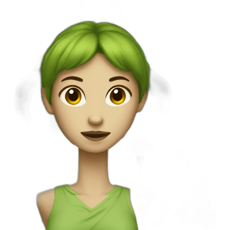 Green woman with pointy ears, short brown hair, red eyes emoji