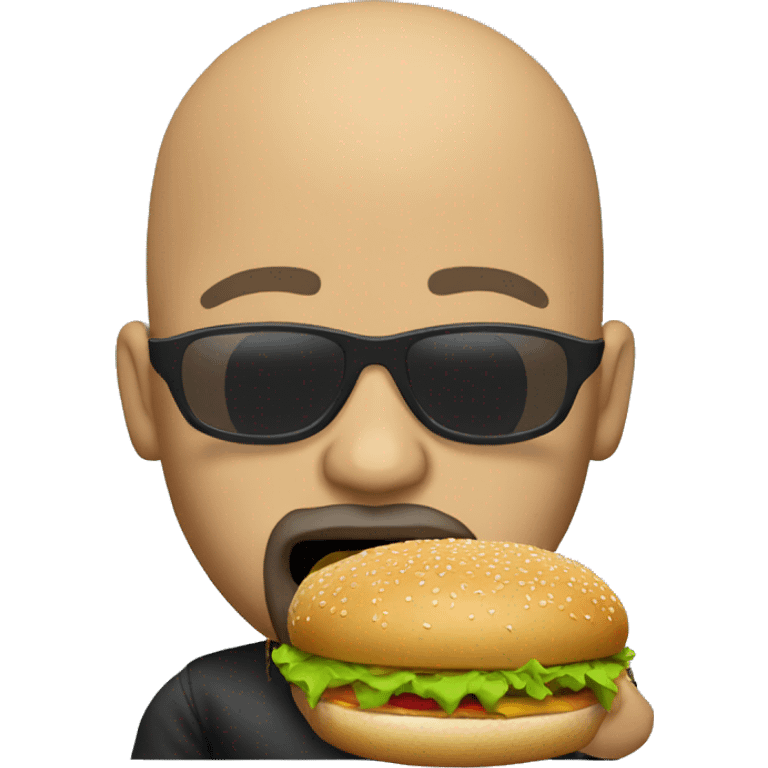 Bald man with sunglasses, beard & gold chain eating a hamburger emoji