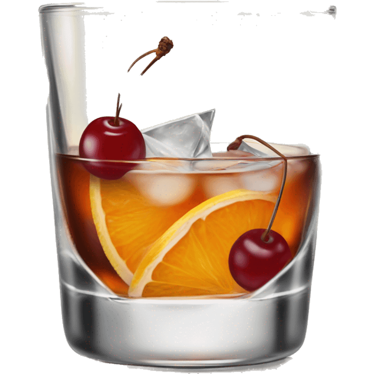 Old fashioned cocktail in an old fashioned glass with an orange twist and a cherry emoji