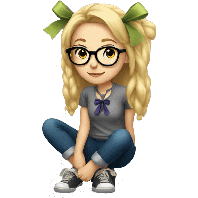 Blonde girl with glasses with a bow squatting emoji