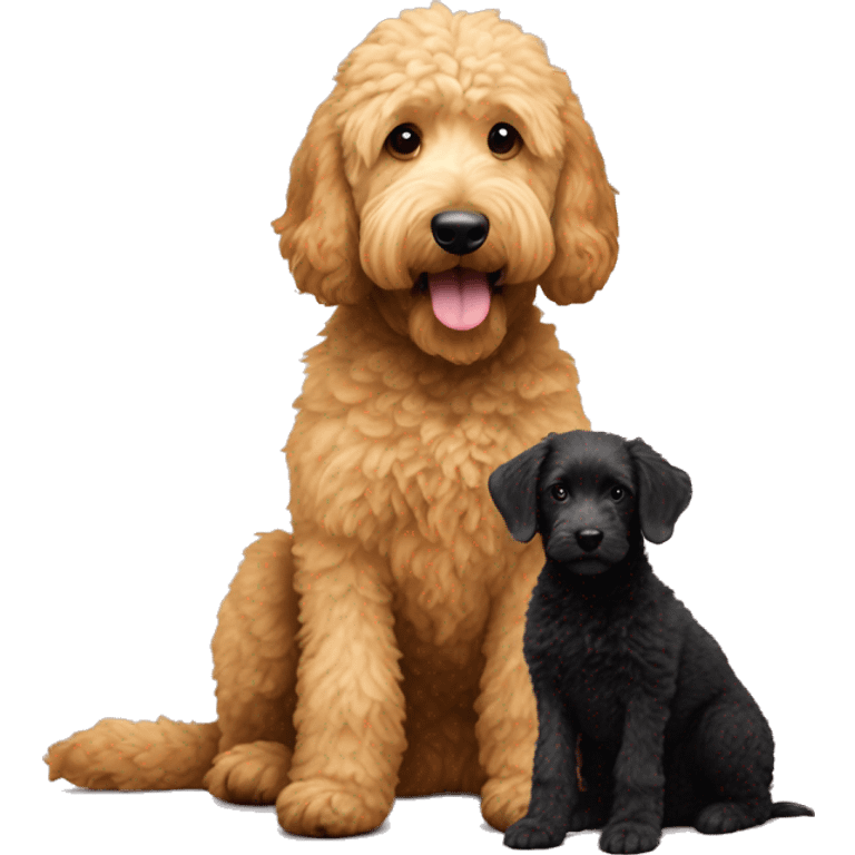 Goldendoodle sitting next to a small black dog emoji