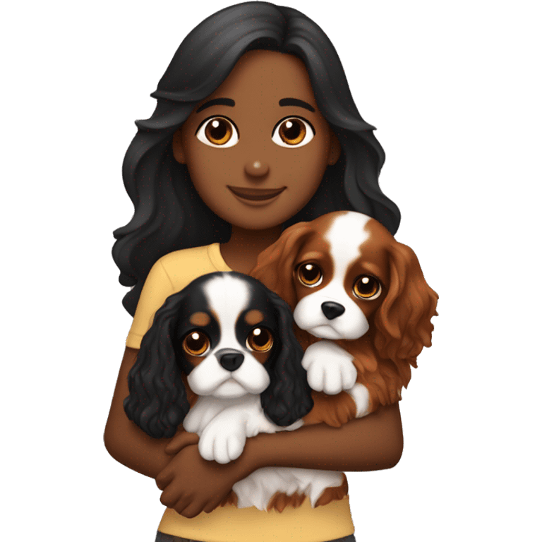 cute girl hugging two black and brown cavalier king charles spaniel  emoji