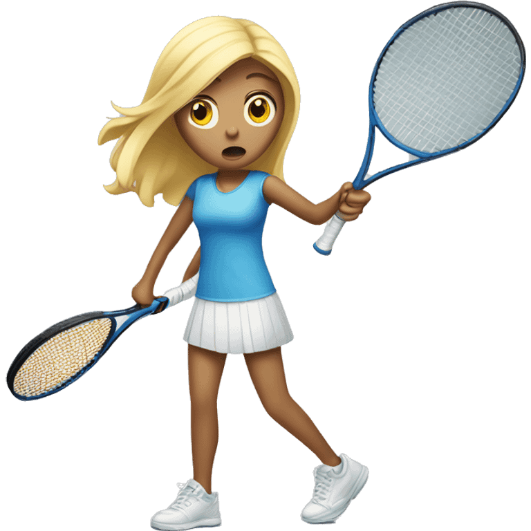 blond tall girl scared with tennis racket at hand defending herself emoji