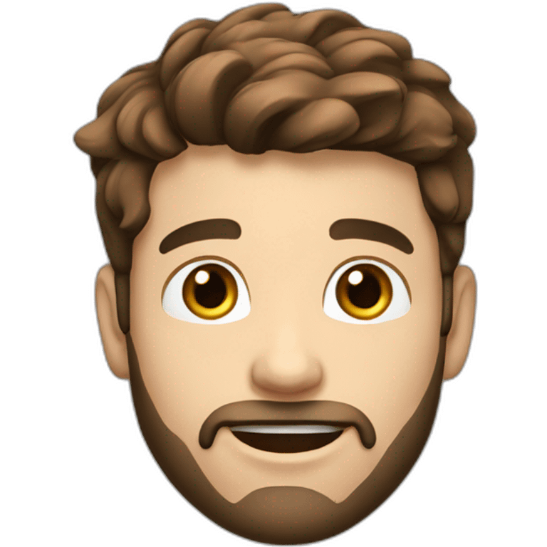 Young man with brown hair and beard, black plugs in the lobe, HAppy face expression emoji