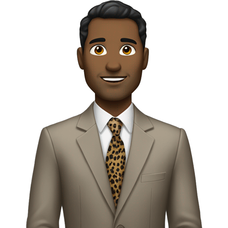 Ethnically ambiguous man with dark hair in a cheetah print business suit emoji