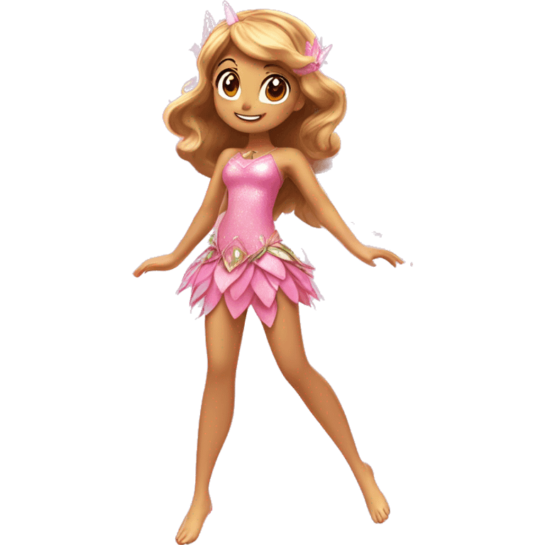 the adult latina fairy of nature in her enchantix fairy pink clothing and fairy enchantix wings and long light brown hair from winx club. Small eyes, Lots of sparkles and fairydust. Full body and full fairy bliss emoji