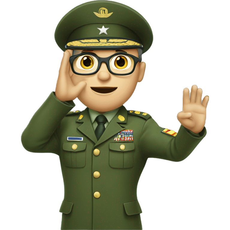 Military commander in green uniform and glasses that salutes with right hand and typing on a keyboard with left hand emoji