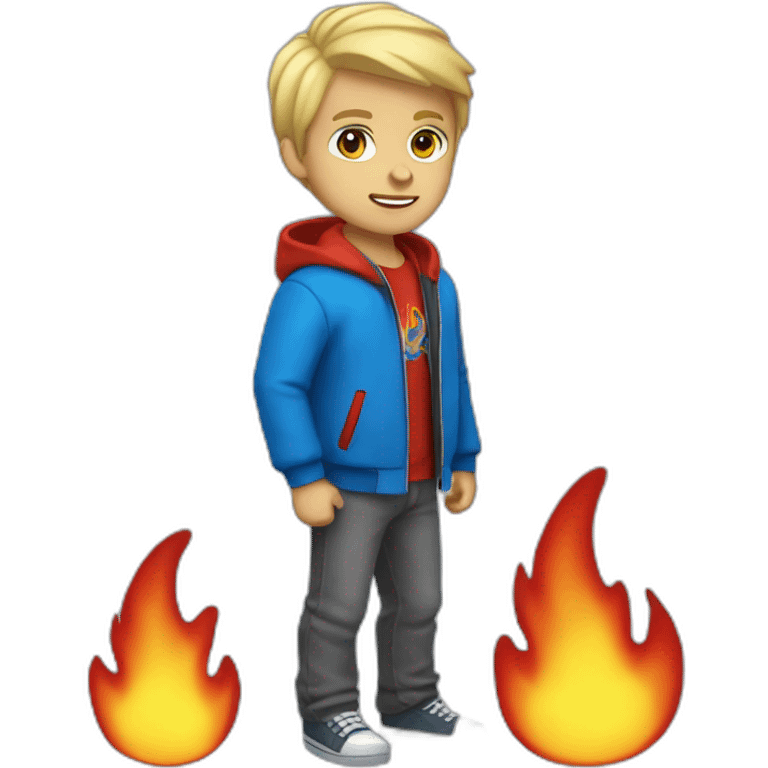 Blonde Boy Wearing Blue Red Flames Jacket and gray shirt emoji