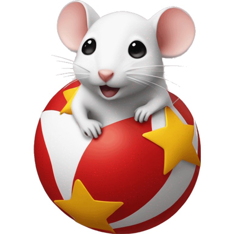 white mouse in a red suit on top of a red bouncy ball with a yellow star in the middle of the ball  emoji