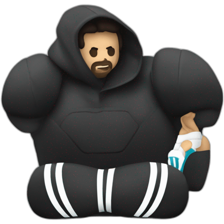 una hombre argentino morocho tatuado sentada con un conjunto adidas negro emoji