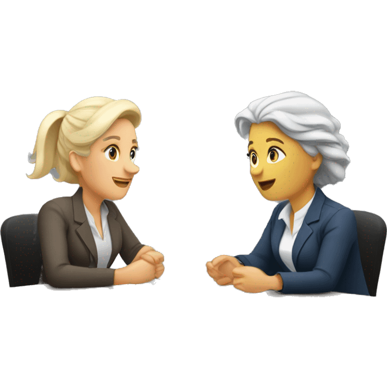 an older woman grey hair and a younger woman blonde hair sitting at a table talking job interview semi casual emoji