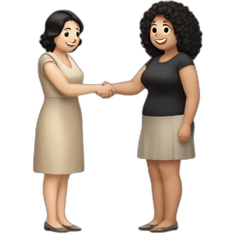 tan chubby woman with black curly hair shakes hands with a chubby pale woman who has straight light brown hair emoji