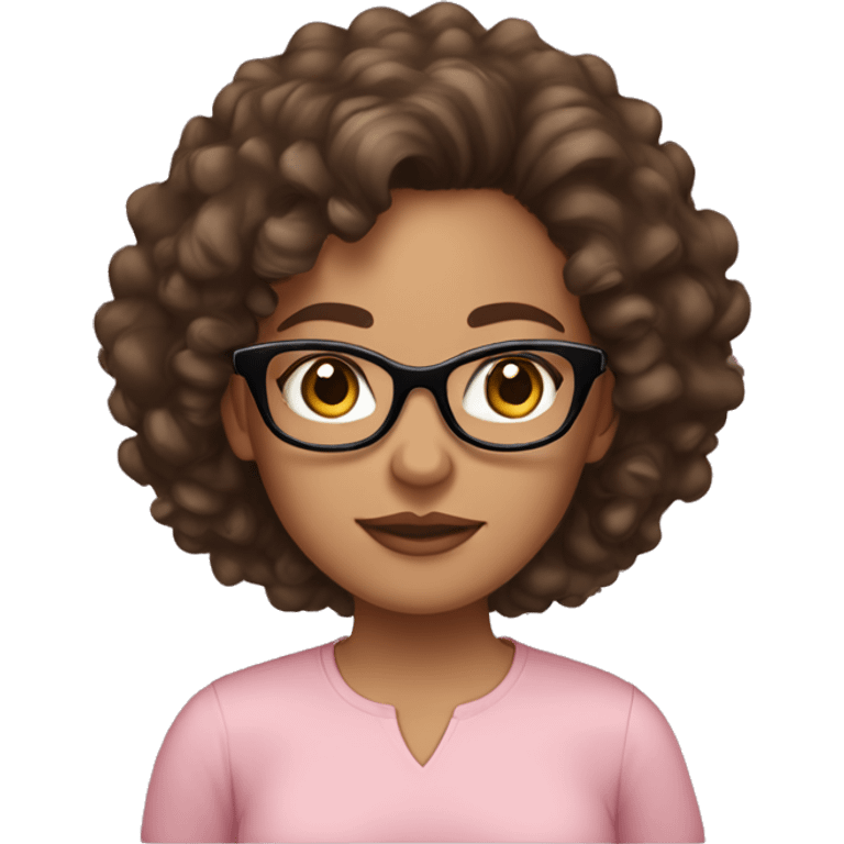 A women with brown medium curly hair, light skinned, full cheeks, black glasses, blush pink shirt emoji