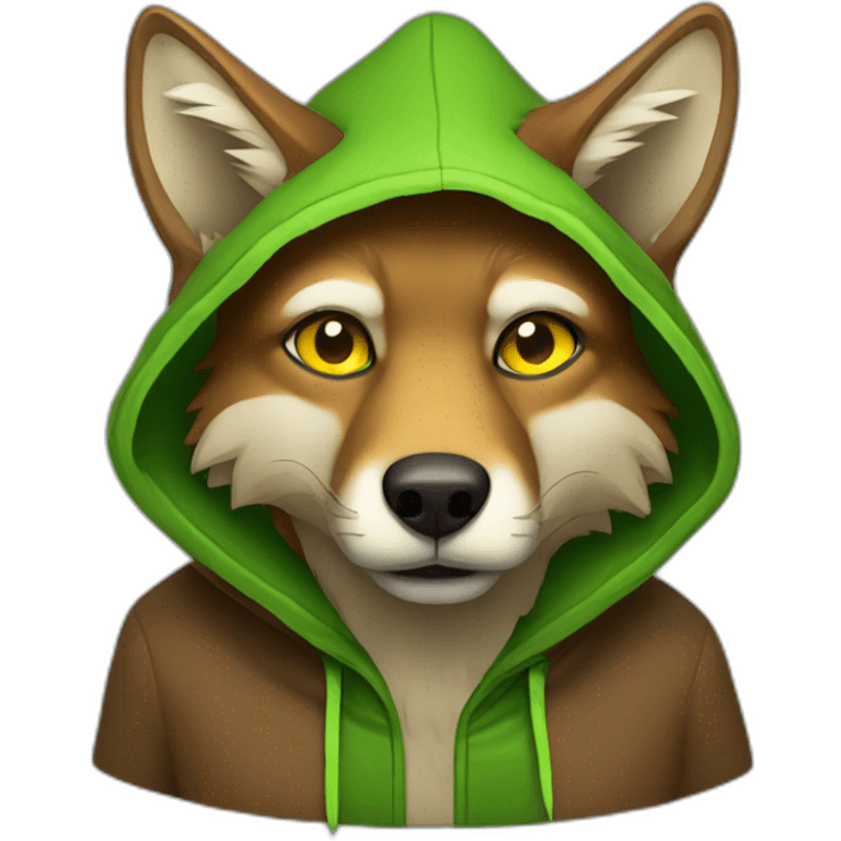 brown coyote with yellow eyes and a green hood that sadly emoji