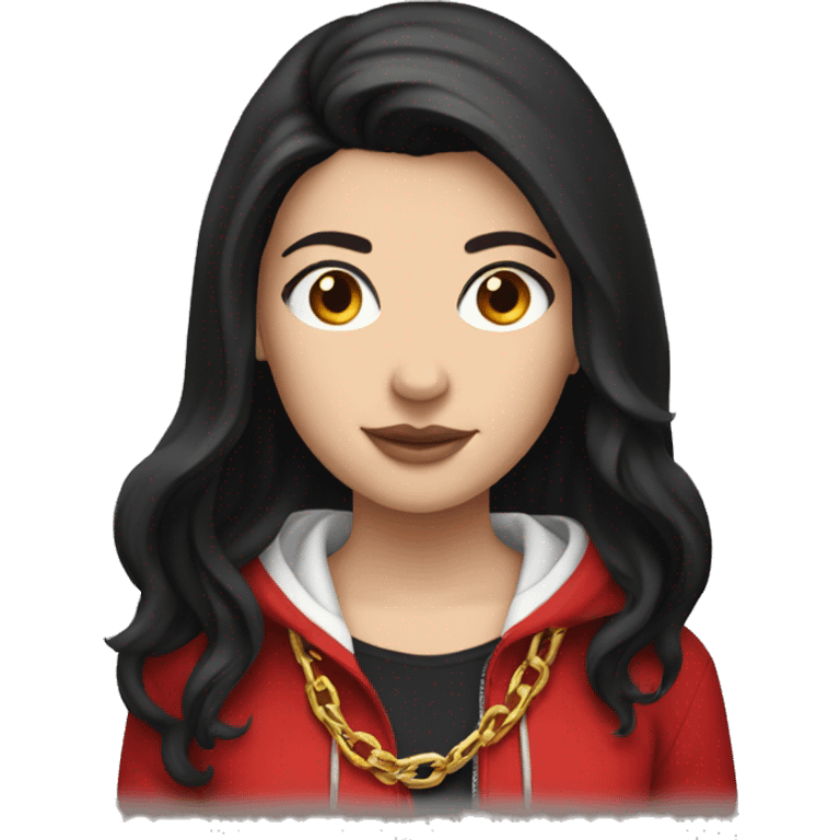 white girl with black hair wearing a red hoodie and a small gold chain emoji