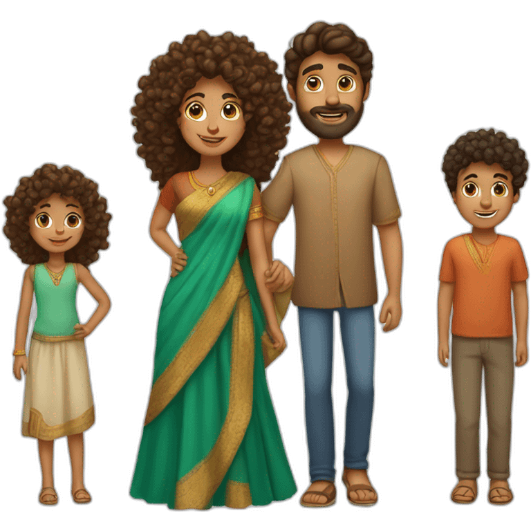 indian family with one daughter curly hair mom curly hair dad straight hair and one son straight hair emoji