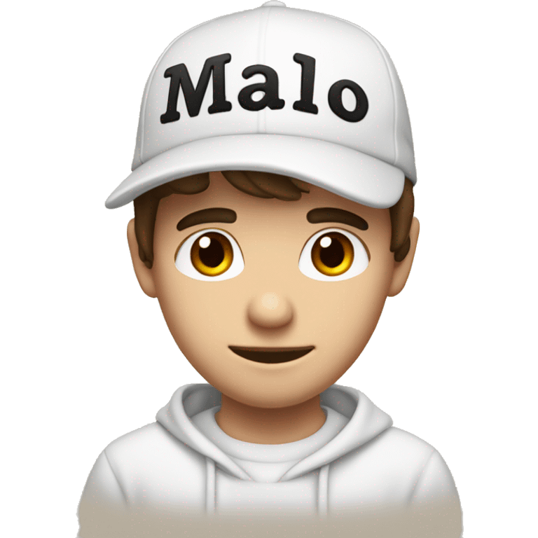 Young guy, brown hair, white sweatshirt, black cap with the inscription malo emoji