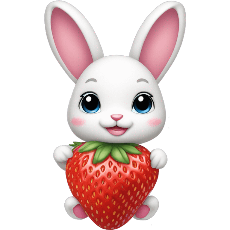 a bunny with a coquette bow on the side of her head with a strawberry in her hand with a purse emoji