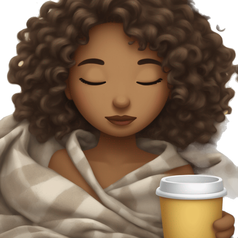 Curly girl brunette inside a blanket sipping coffee eyes closed emoji