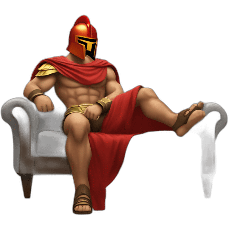 The Spartan Leonidas and his red cape with a cocktail in hand and his helmet under his arm relaxing on a sofa. emoji