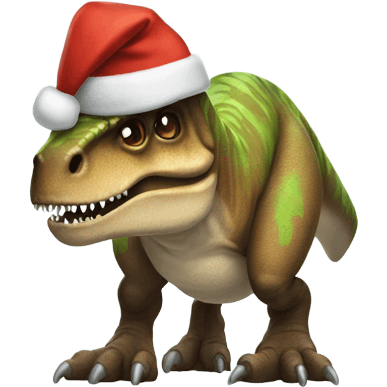 T. rex wearing a Christmas sweater and Santa hat emoji