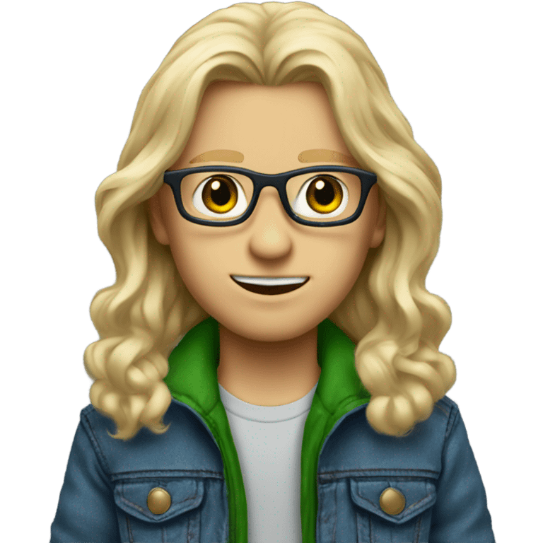 blonde long haired boy with green eyes , glasses , blue jean jacket with fur lining emoji