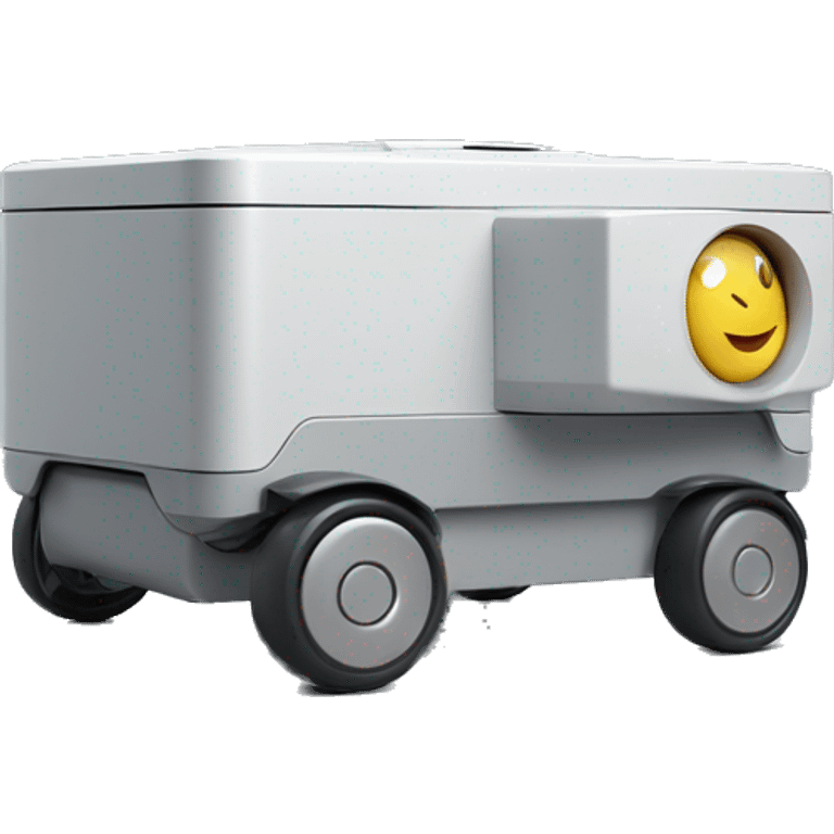 solid horizontal rectangle gray delivery robot with white circle white led eyes and opening lid on 4 wheels with food, minimalistic design emoji