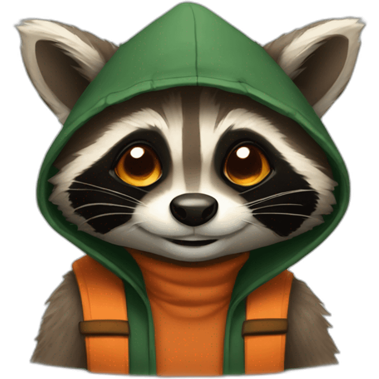 brown raccoon with orange eyes and a dark green hood that is laughing emoji