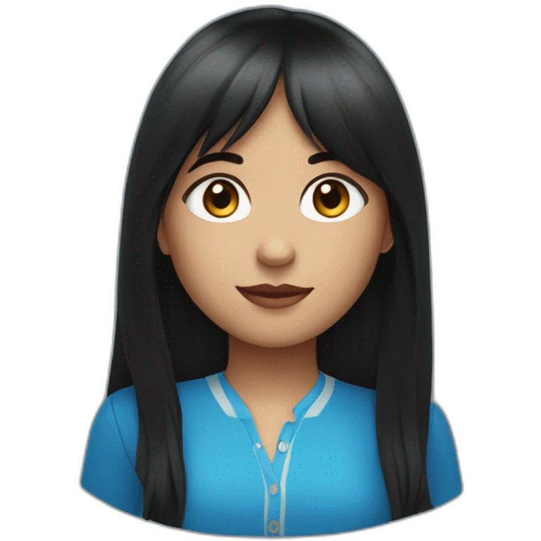 girl with long black hair, thick bangs, blue eyes, red vest and shirt emoji