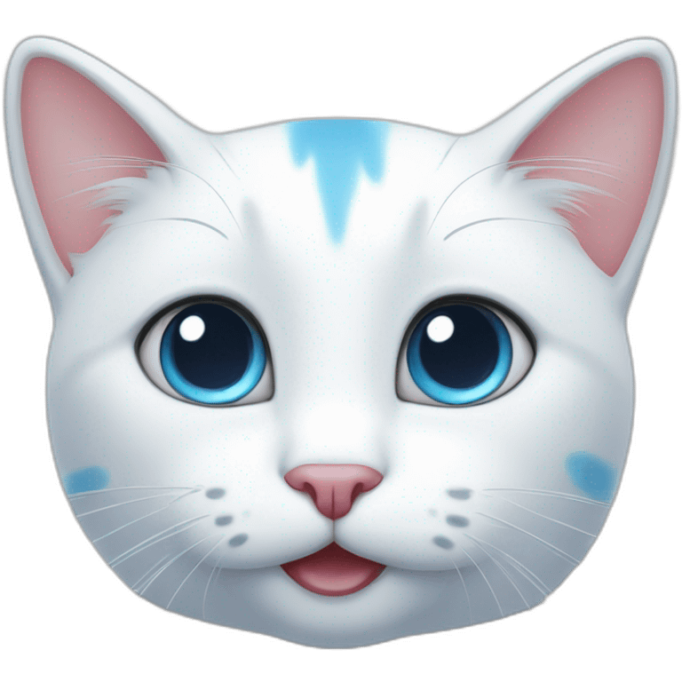 cartoon white cat,-with one big blue spot and one blue ear emoji