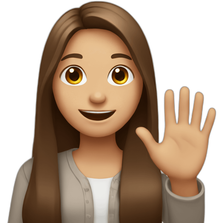 Girl with brown, long and straight hair smiling kindly and waving with the left hand emoji