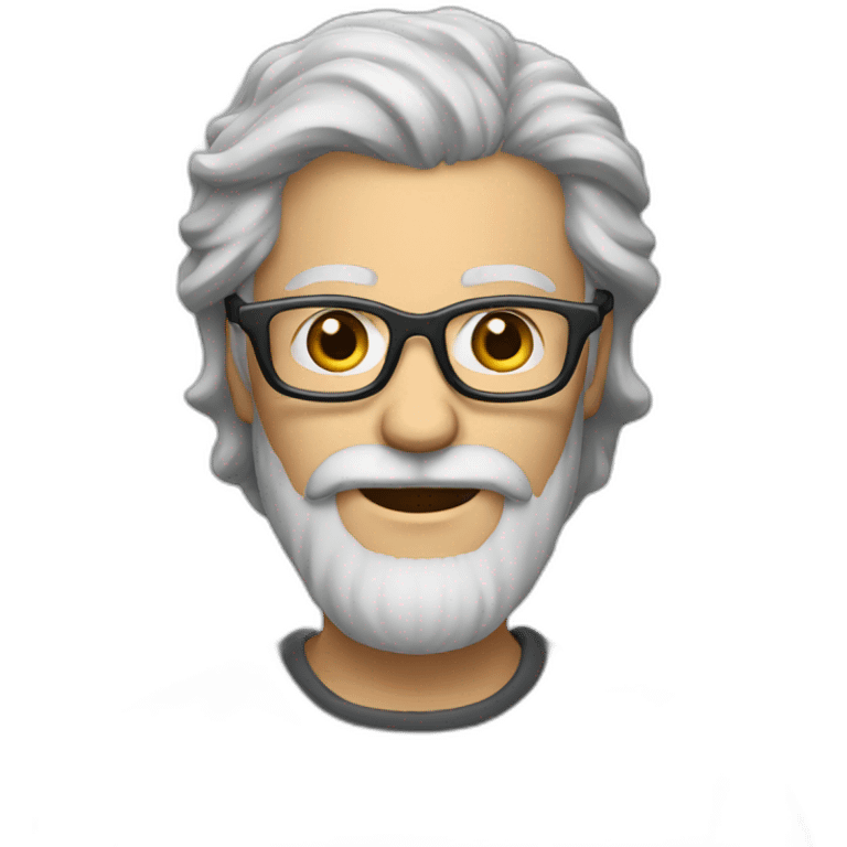 long grey hair, short grey beard, eyeglasses emoji