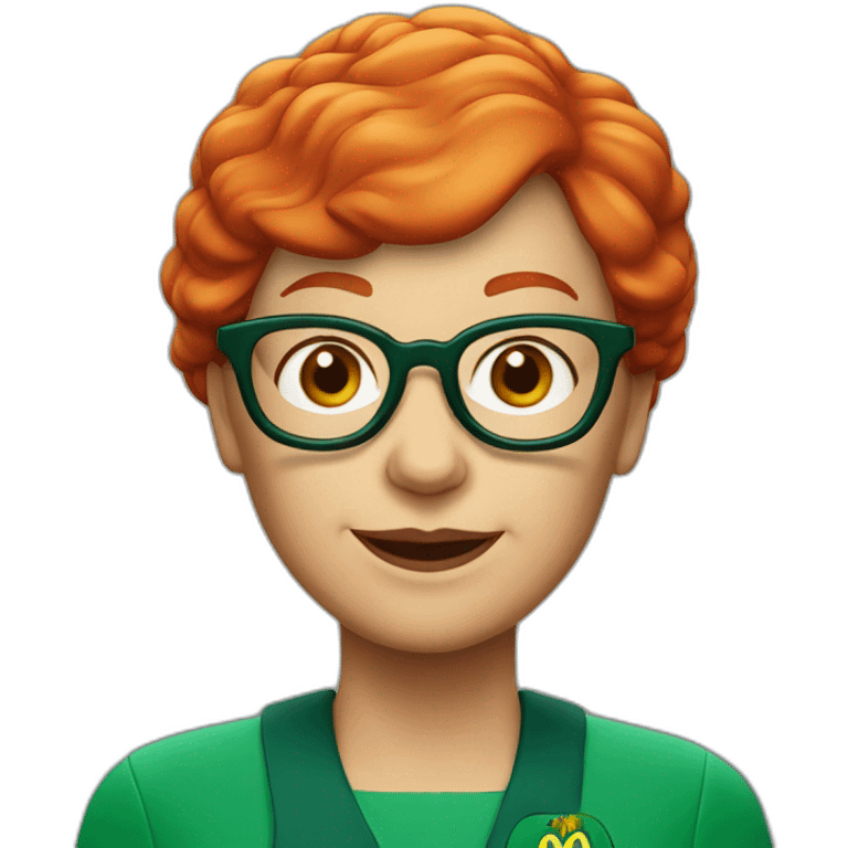 Old lady with red hair and glasses with green mcdonalds uniform and cap emoji