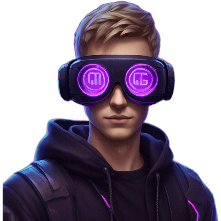 Russian young man wearing a black hoodie with "OMG" letters on it and VR headset in a cyberpunk VR environment with violet neon lighting. emoji