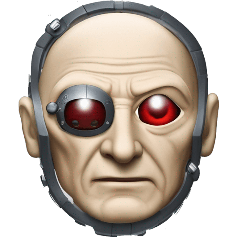 Jean luc picard from Star Trek assimilated by the Borg, with mechanical metal covering only one eye with a red glass lens over the same eye  emoji