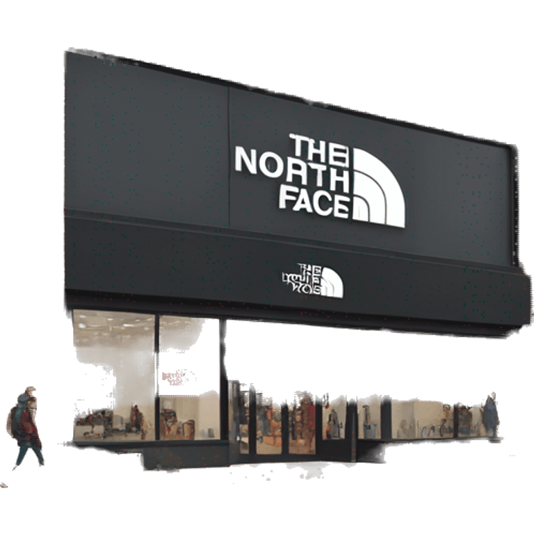 “The North Face store exterior with a rugged, modern facade, the iconic logo displayed prominently, large windows showcasing outdoor gear, and a natural, adventurous vibe.” emoji