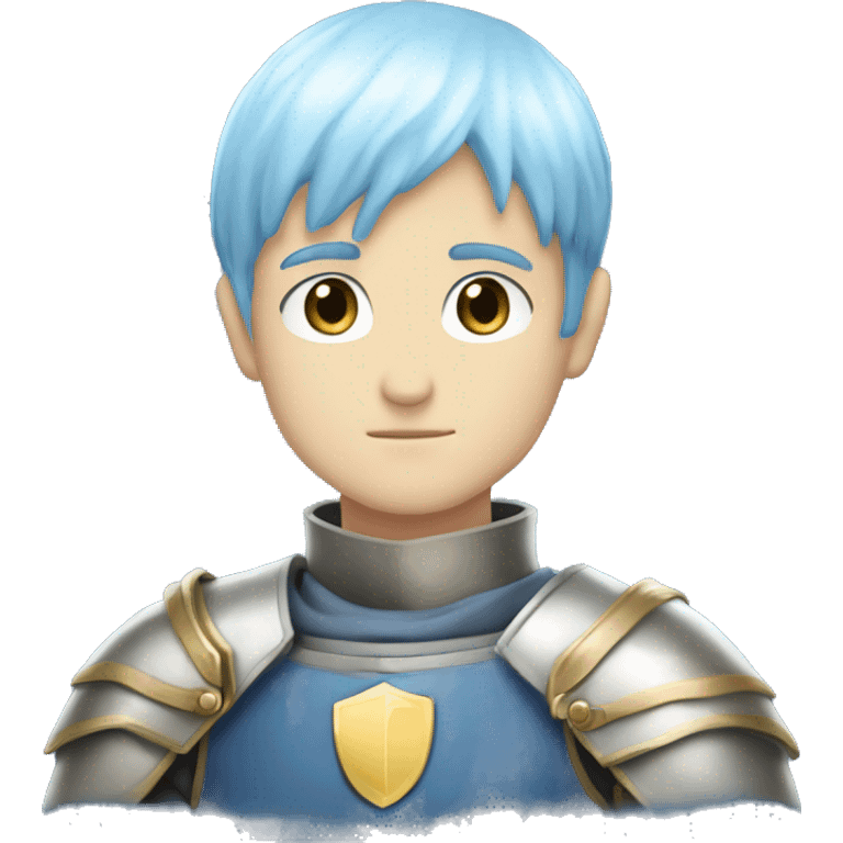 Himmel from the anime Frieren. He has blue bowl cut hair. He's white. He's a knight. He has elongated light blue eyes. His skin is white. emoji