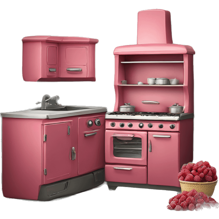 Isolated full length Realistic raspberry vintage retro kitchen range with cabinets and counters. emoji