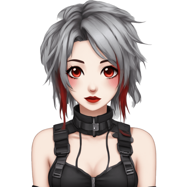 Gorgeous gothic techwear anime style lady with blushing face aesthetic and pretty edgy black red punk messy hair with collar and harness trending style emoji